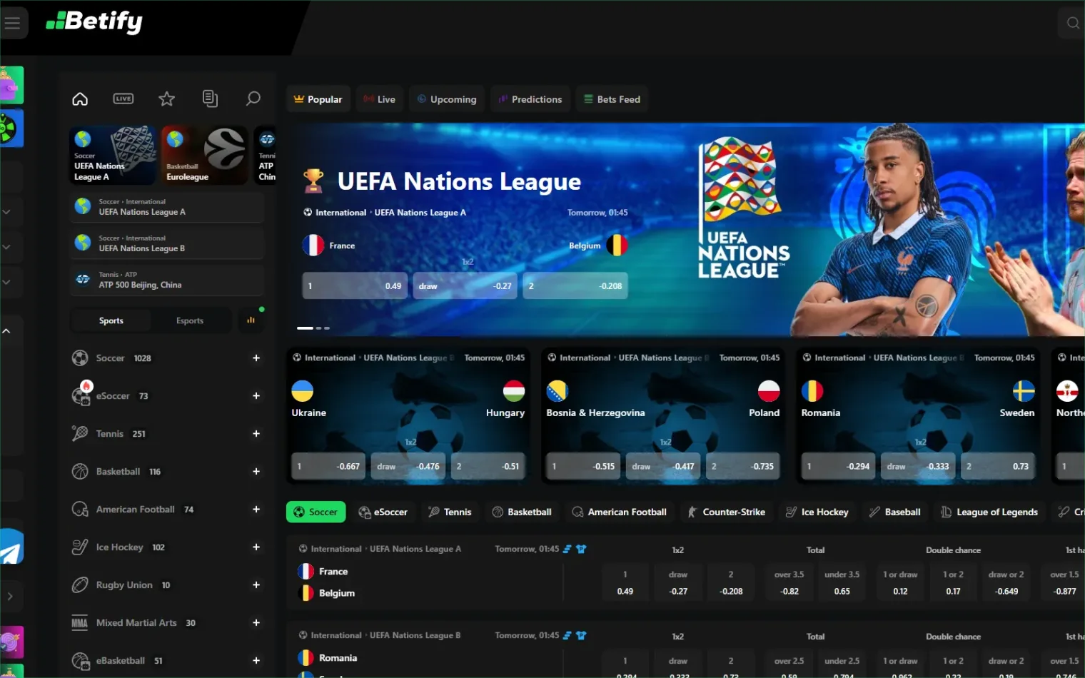 Module de paris sportifs et e-sports sur Betify 2026 avec cotes football en direct, Bet Builder et streaming Twitch