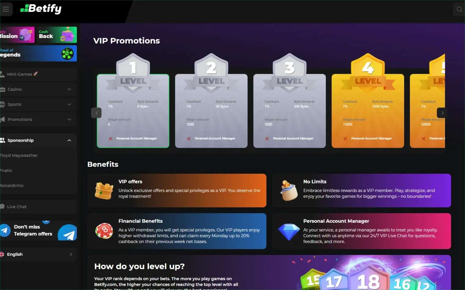 Tableau officiel des 18 rangs du Club VIP Betify avec progression du cashback de 1 % à 20 % et boutique Bytes