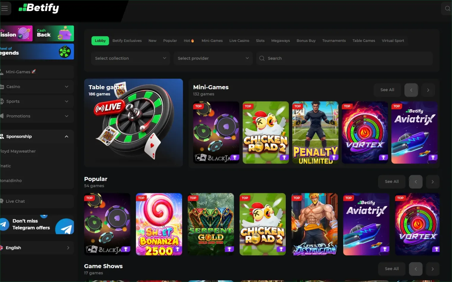 Interface officielle Betify 2026 affichant le lobby des machines à sous, la barre de connexion et les rubriques Live et Sports