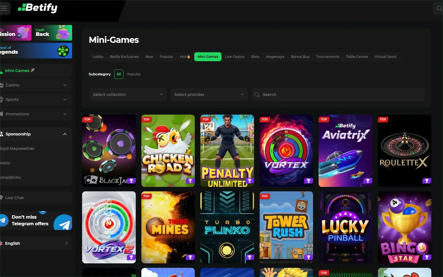 Section MiniGames et Crash Games sur Betify 2026 avec Aviator, Aviatrix, Mines, Plinko et Chicken Road 2
