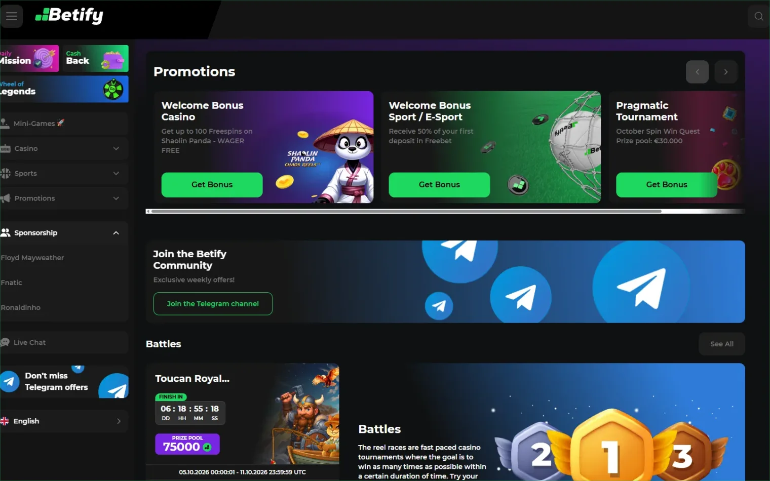 Page des bonus et promotions Betify 2026 présentant le pack jusqu’à 3 000 euros, les 300 tours gratuits et le freebet sport