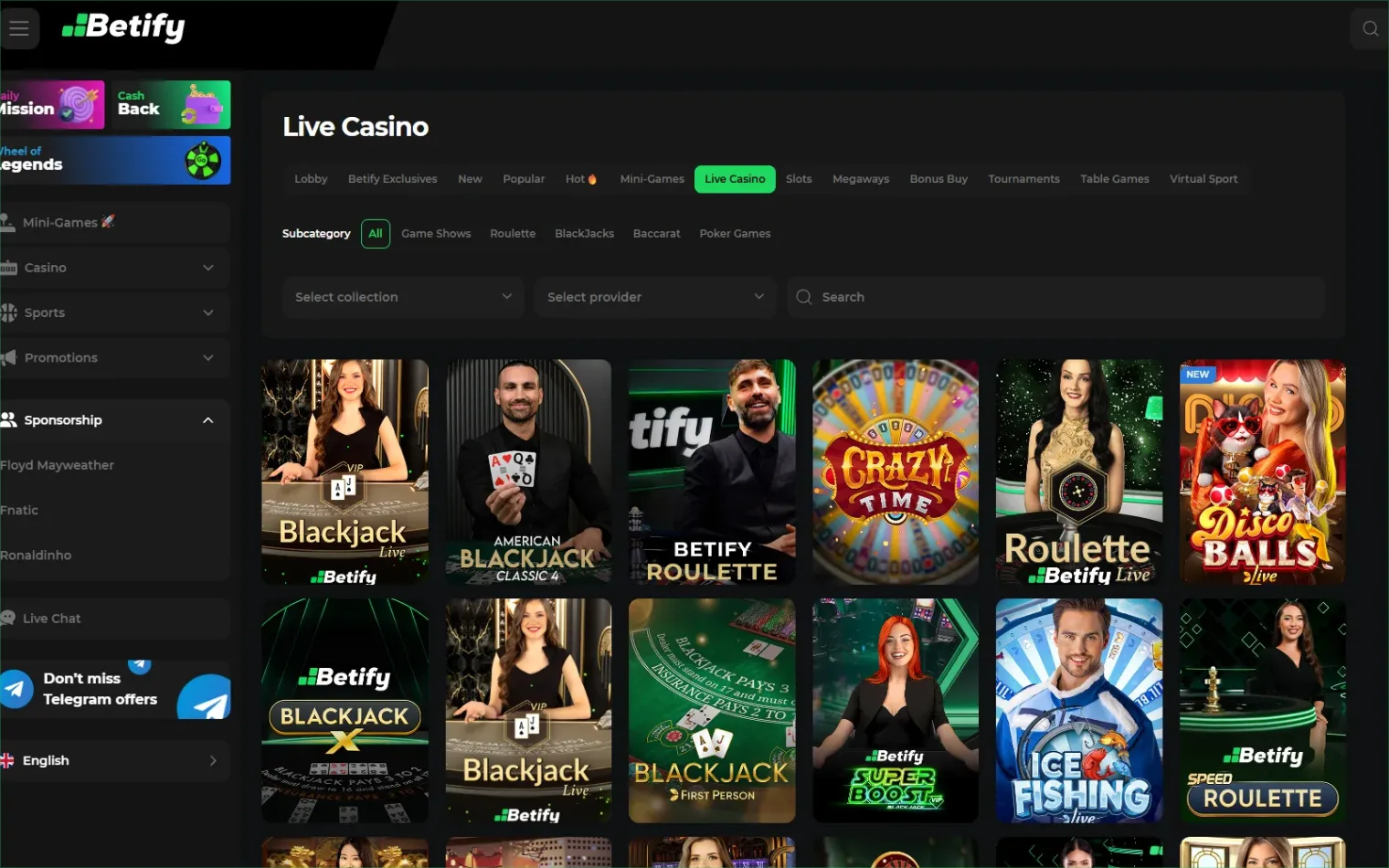Salons Live Casino Betify 2026 en streaming HD avec tables de Blackjack, Lightning Roulette et Crazy Time